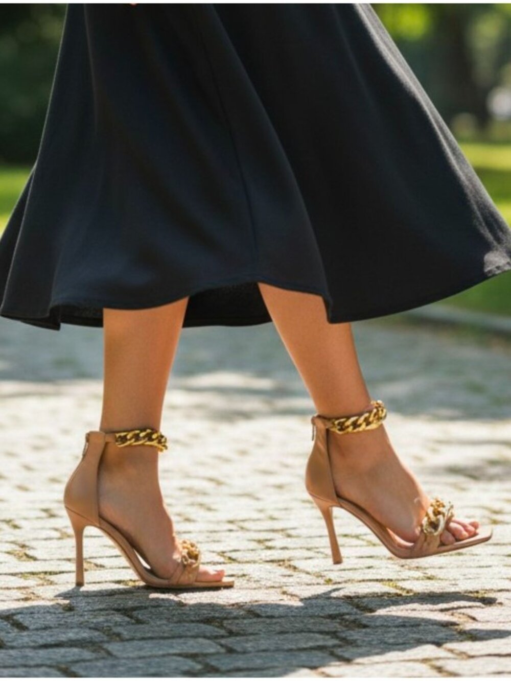 Gold Chain Embellished Nude Stiletto Heels With Ankle Strap - Sleek & Elegant Op - Picture 2 of 14